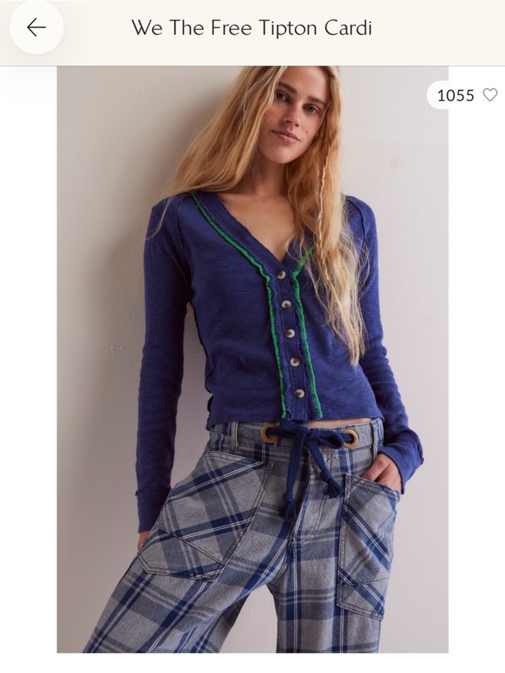 We The Free Navy V-Neck Cardigan with Green Trim